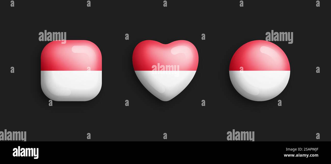 Drapeau national officiel de Monaco icônes brillantes vectorielles 3D en carré arrondi, coeur et forme de cercle isolent sur fond. Signes et symboles éléments de conception graphique Collection de boutons volumétriques. Monaco drapeau national officiel 3D vecteur brillant icônes isolent sur fond noir Illustration de Vecteur