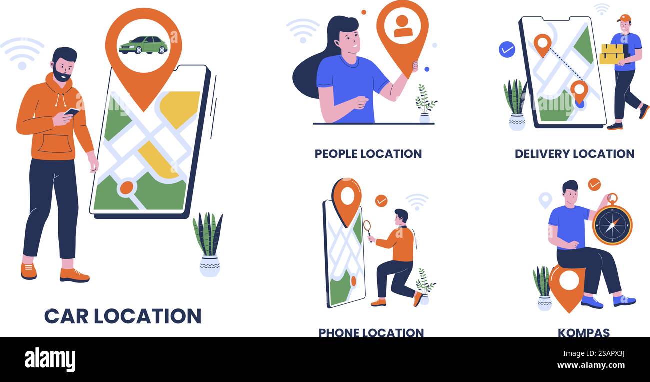 Ensemble de collecte d'illustrations de localisation. Emplacement de la voiture, emplacement de la personne, emplacement de la livraison, emplacement du téléphone. Illustration de conception plate Illustration de Vecteur