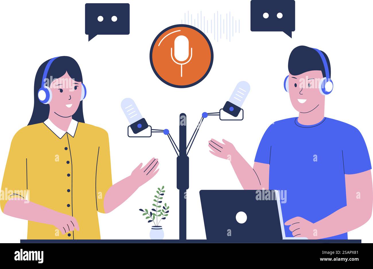 Personnes enregistrant une illustration vectorielle de podcast. Homme et femme parlant sur podcast. Illustration de conception plate Illustration de Vecteur