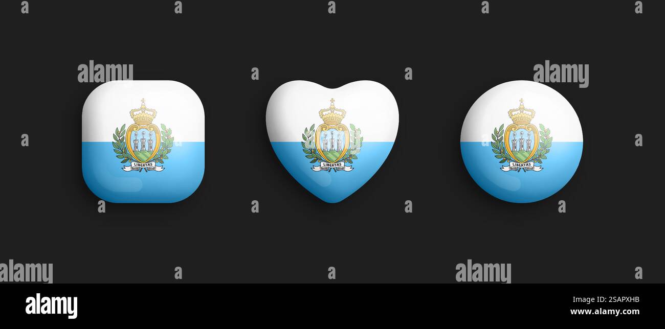 Drapeau national officiel de Saint-Marin icônes brillantes vectorielles 3D en forme de carré arrondi, de coeur et de cercle isolé sur fond noir. Signes et symboles éléments de conception graphique Collection de boutons volumétriques. San Marino drapeau national officiel 3D vecteur brillant icônes isolé sur fond Illustration de Vecteur