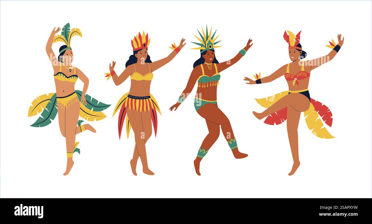 Set collection de danseuses de samba brésiliennes. Femme en costume de carnaval. Illustration vectorielle à plat Illustration de Vecteur Set collection de danseuses de samba brésiliennes. Femme en costume de carnaval. Illustration vectorielle à plat Illustration de Vecteur