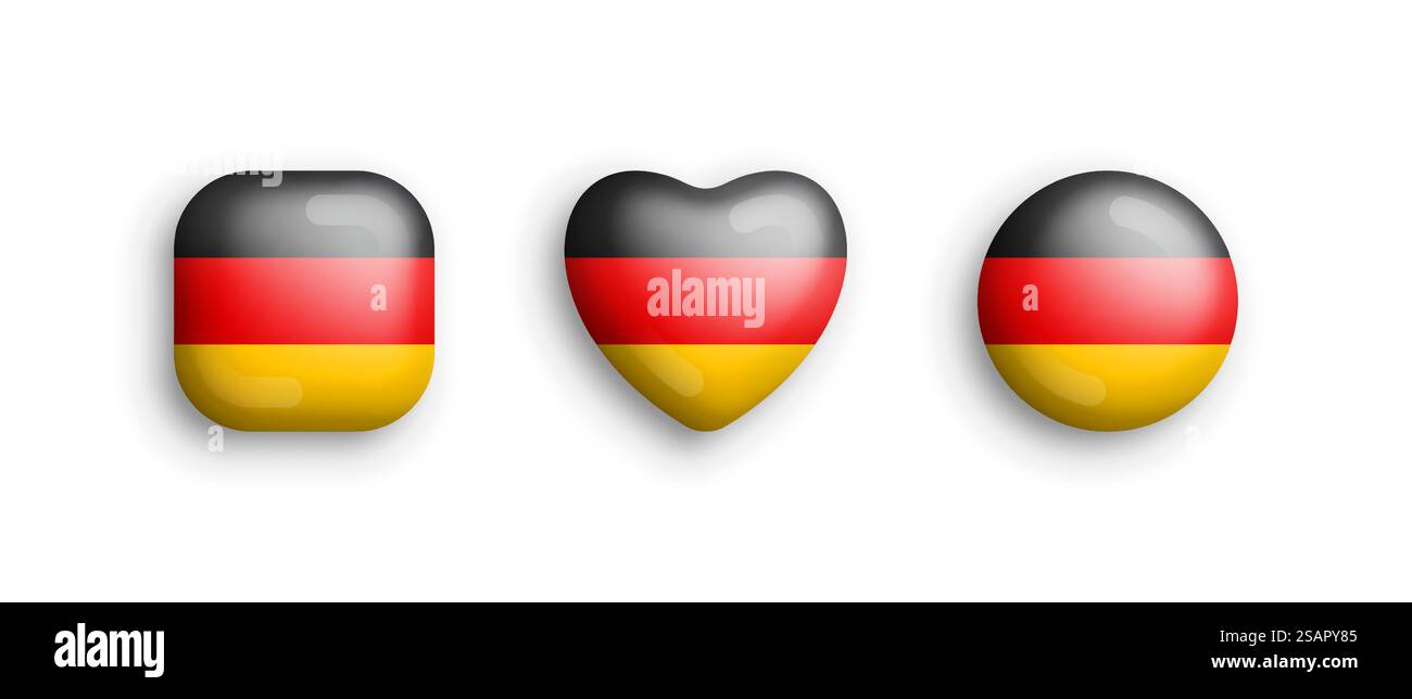 Drapeau national officiel de l'Allemagne icônes brillantes vectorielles 3D dans des formes carrées arrondies, de coeur et de cercle isolées sur fond. Allemand signe et symboles éléments de conception graphique Collection de boutons volumétriques. Allemagne drapeau national officiel 3D vecteur brillant icônes isolent sur fond Illustration de Vecteur