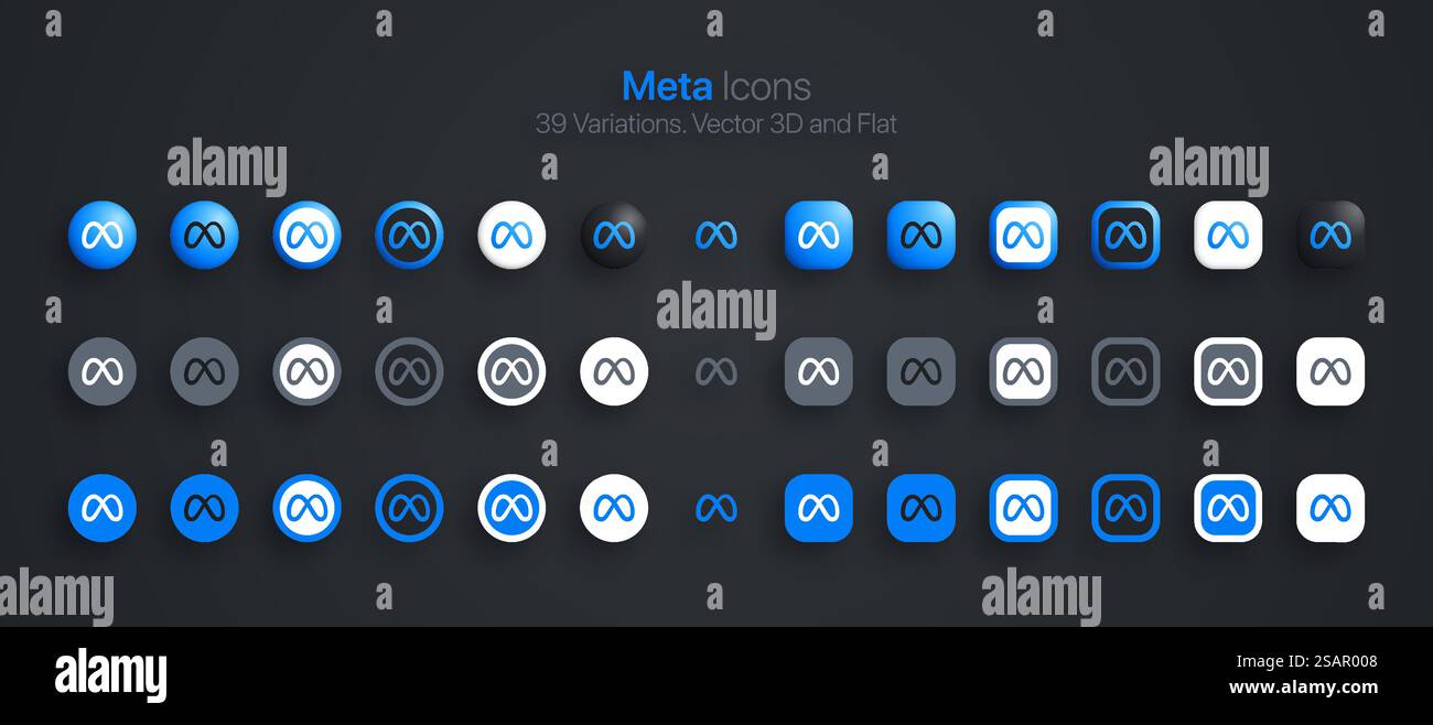 Meta Vector icône Set Modern 3D et Flat dans différentes variations. Logo Metaverse du réseau de médias sociaux Illustration de Vecteur