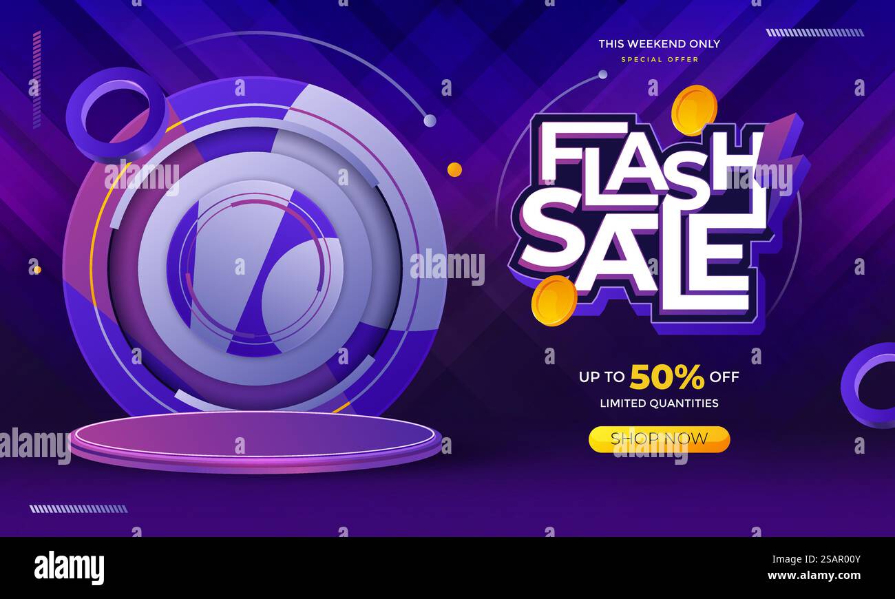 Modèle de bannière promotionnelle de vente Flash avec podium et étiquette de réduction volante, fond de vente et de remise Illustration de Vecteur