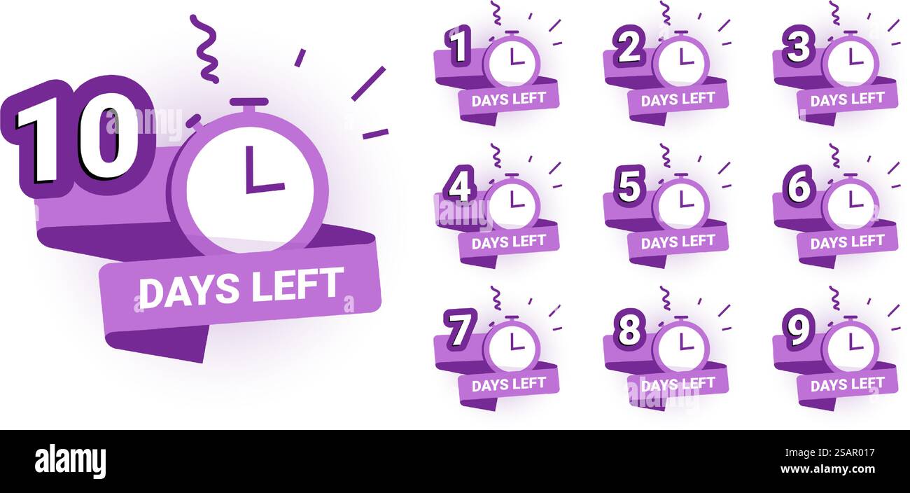 Bannière de comptage journalier. Compte à rebours, 1 2 3 4 5 6 7 8 9 10 bannières de vente et badges d'offre spéciale. Illustrations vectorielles isolées des ensembles de bannières numérotées avec 1 avant 10. Bannière de comptage journalier. Compte à rebours, 1 2 3 4 5 6 7 8 9 10 bannières de vente et badges d'offre spéciale. Ensemble isolé de vecteur Illustration de Vecteur