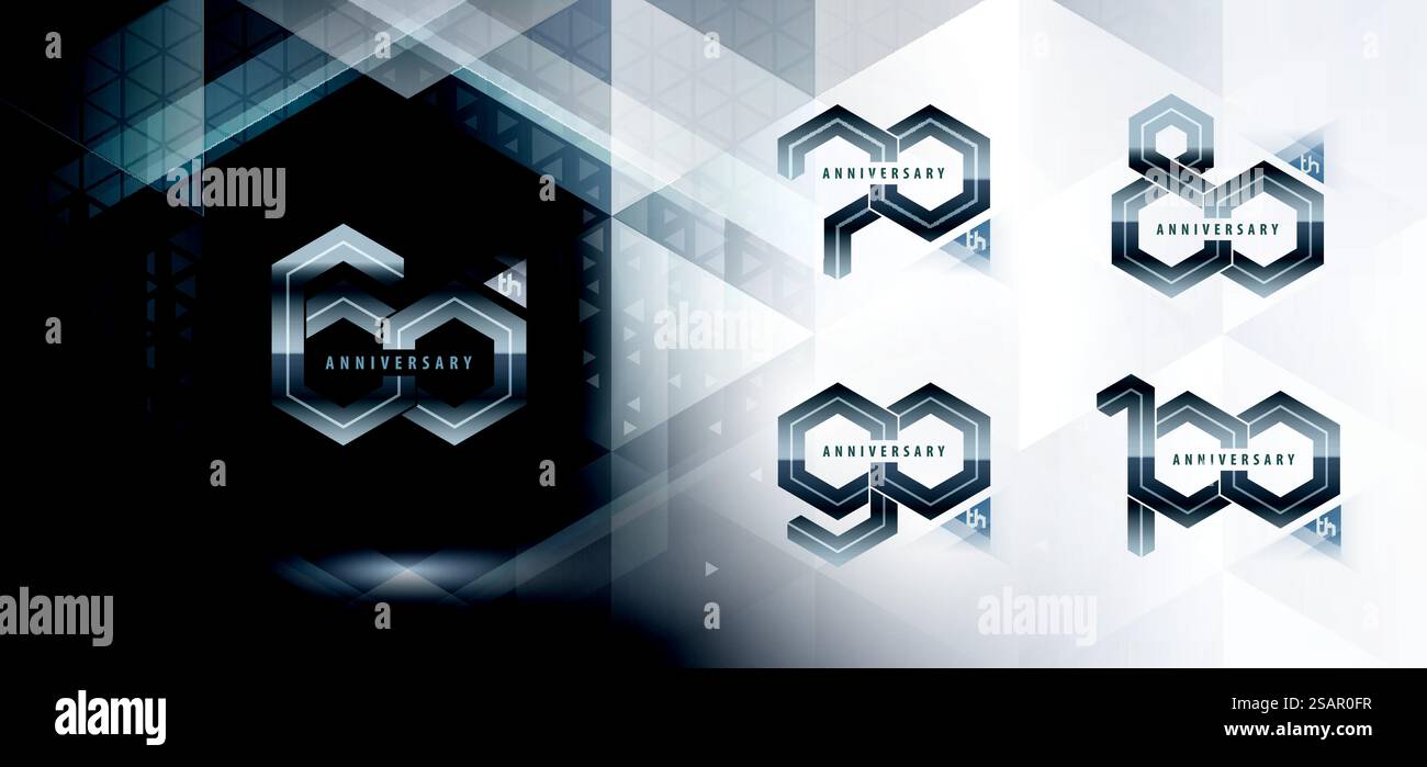 Ensemble de conception de logotype anniversaire de 60 à 100 ans, célébration anniversaire de soixante à cent ans. Abstract Hexagon Infinity double line logo, 60,70,80,90,100 ans logo pour célébrer l'événement. Polygone de réseau géométrique, nombre hexagonal Illustration de Vecteur