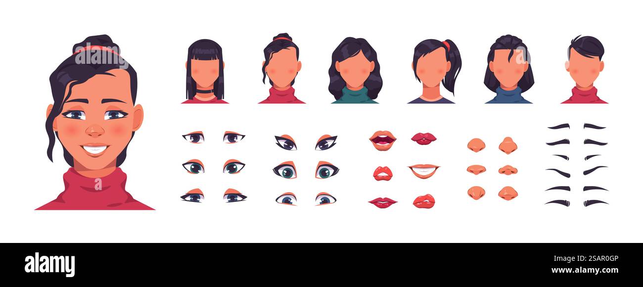 Constructeur de visage de femme. Kit d'avatar de personnage féminin avec des formes de cheveux et de visage. Yeux mignons avec sourcils, nez et lèvres collection. Créateur de coiffure. Ensemble d'éléments de portrait isolés de dessin animé vectoriel. Constructeur de visage de femme. Kit d'avatar de personnage féminin avec des formes de cheveux et de visage. Yeux avec sourcils, nez et lèvres collection. Créateur de coiffure. Ensemble d'éléments de portrait de dessin animé vectoriel Illustration de Vecteur