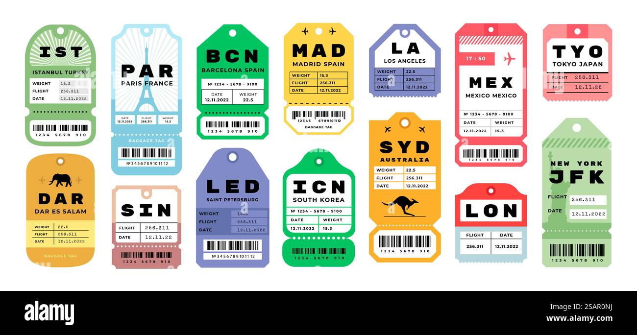 ETIQUETTES de voyage pour avion. Billets rétro pour bagages d'aéroport avec timbres. Badges lumineux fixés pour les bagages des touristes. Coupons d'avion isolés de différentes villes. Étiquettes vectorielles avec ligne de déchirure et code-barres. ETIQUETTES de voyage pour avion. Billets de bagages d'aéroport avec timbres. Badges lumineux fixés pour les bagages des touristes. Coupons aériens de différentes villes. Étiquettes vectorielles avec ligne de déchirure et code-barres Illustration de Vecteur