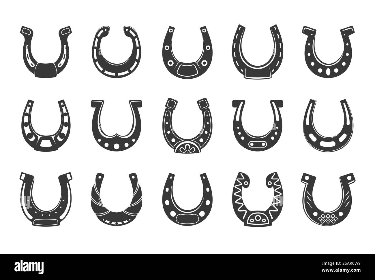 Fer à cheval noir. Symbole de forgeron occidental chanceux, silhouette d'équipement de chaussure de cheval. Fortune talisman ou amulette avec des ornements décoratifs, collection d'icônes. Vecteur isolé sur fond blanc. Fer à cheval noir. Symbole de forgeron occidental chanceux, silhouette d'équipement de chaussure de cheval. Fortune talisman ou amulette avec des ornements décoratifs, collection d'icônes. Ensemble isolé de vecteur Illustration de Vecteur