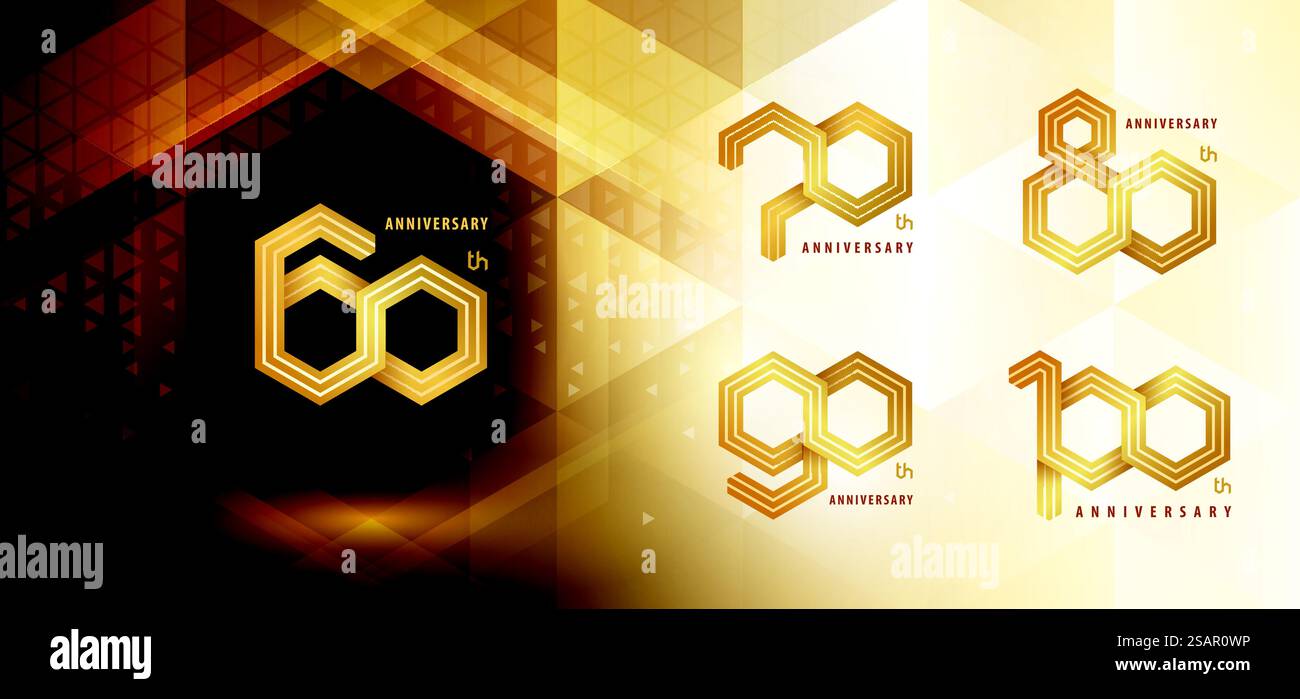 Ensemble de conception de logotype anniversaire de 60 à 100 ans, célébration anniversaire de soixante à cent ans. Abstract Hexagon Infinity Three Lines logo, 60,70,80,90,100 ans logo doré pour célébrer l'événement. Polygone de réseau géométrique, nombre hexagonal Illustration de Vecteur