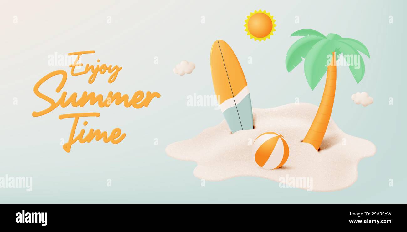 Planche de surf et palmier sur la plage avec fond de soleil et de nuage pour l'été dans l'illustration vectorielle de style art réaliste 3D. Illustration de Vecteur
