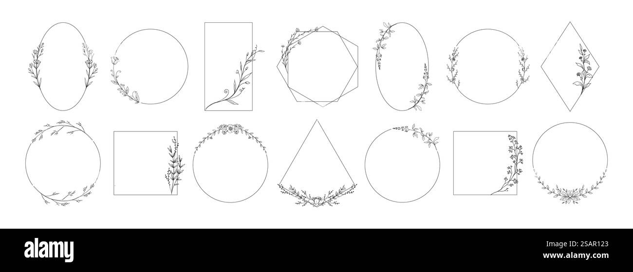 Cadre Laurel. Couronne de fleurs vintage dessinée à la main avec branches d'olivier et feuilles. Ensemble élégant de bordures d'invitation de mariage. Eléments floraux décoratifs. Modèles de bannières vierges géométriques de contour vectoriel. Cadre Laurel. Couronne de fleurs vintage dessinée à la main avec des branches et des feuilles. Ensemble élégant de bordures d'invitation de mariage. Eléments floraux décoratifs. Modèles de bannières vierges géométriques vectorielles Illustration de Vecteur