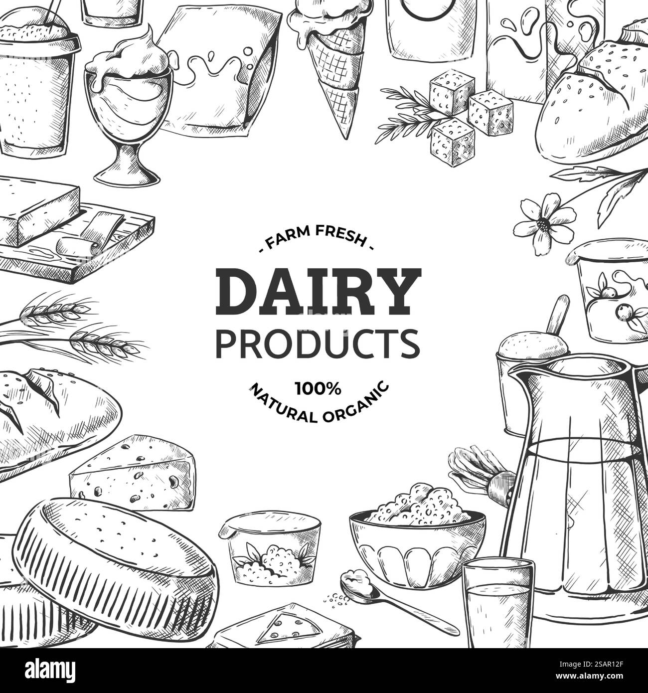 Charpente de produits laitiers. Fond vintage dessiné à la main avec de la nourriture de lait de ferme gravée. Croquis de beurre et de crème glacée. Yaourt naturel sain. Fromage cottage et caillé frais. Bannière de repas biologique vecteur. Charpente de produits laitiers. Fond vintage dessiné à la main avec de la nourriture de lait de ferme gravée. Croquis de beurre et de crème glacée. Yaourt naturel. Fromage cottage et caillé. Bannière de repas biologique vecteur Illustration de Vecteur