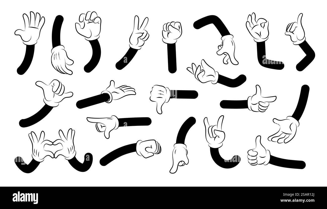 Armes de dessins animés. Griffonner des mains de personnage humain avec des gants blancs montrant des émotions et des gestes simples. Collection d'expressions cliparts mignonnes. Modèles de parties anatomiques isolées. Jeu de poings et de paumes de membres de vecteur. Armes de dessins animés. Griffonner des mains de personnage humain avec des gants blancs montrant des émotions et des gestes simples. Collection d'expressions clipart. Parties du corps isolées. Jeu de poings et de paumes de membres de vecteur Illustration de Vecteur