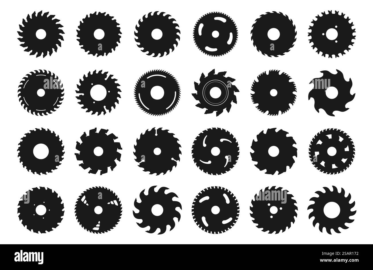 Scie circulaire noire. Différentes silhouettes de lames circulaires pour les équipements de menuiserie et de menuiserie. Disques métalliques rotatifs électriques isolés avec dents pointues. Jeu d'outils de roue industrielle de coupe de bois de vecteur. Scie circulaire noire. Différentes silhouettes de lames circulaires pour les équipements de menuiserie et de menuiserie. Disques métalliques rotatifs électriques à dents tranchantes. Jeu d'outils industriels de coupe de bois de vecteur Illustration de Vecteur
