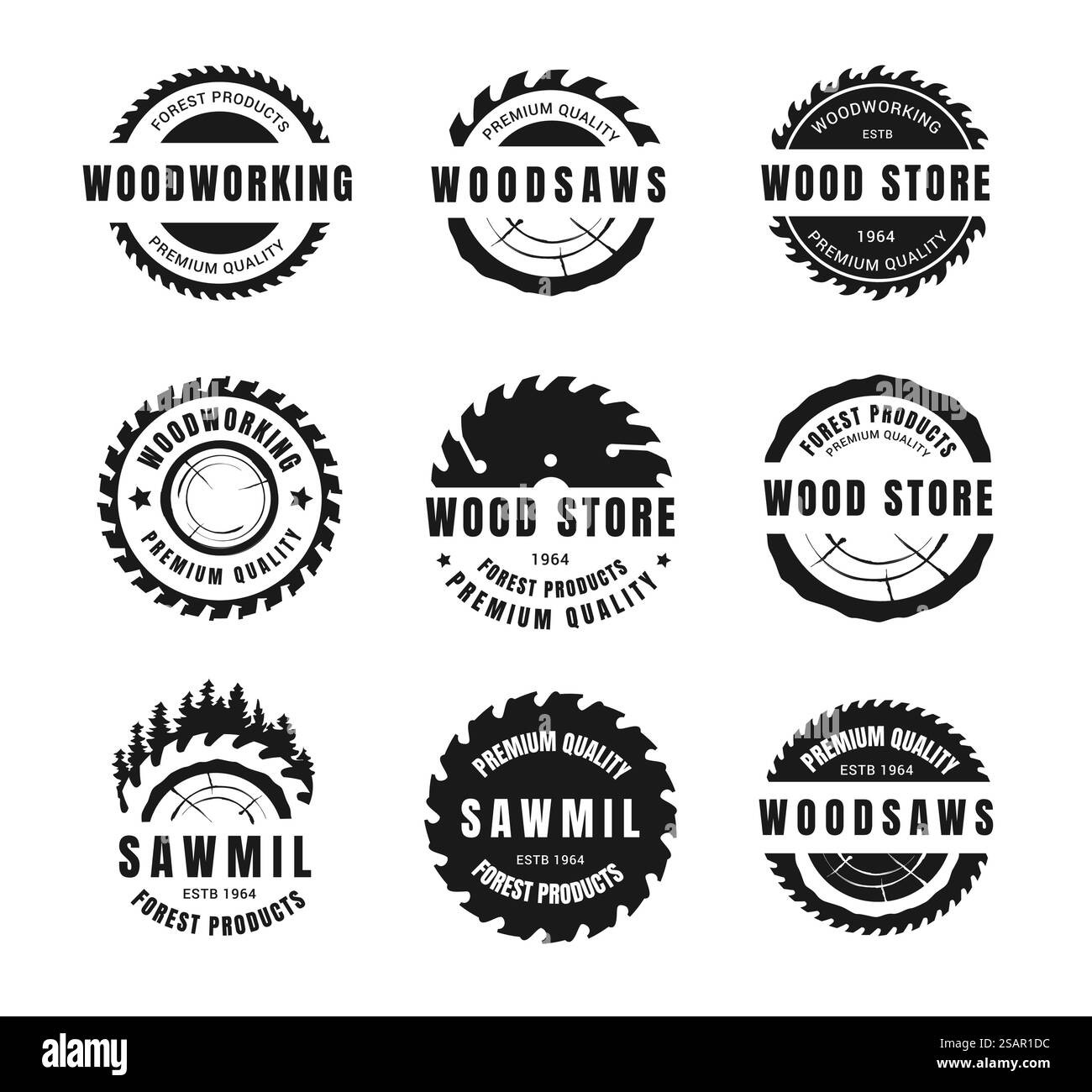 Logo scie circulaire. Lame métallique pour badges silhouettes de menuiserie et de menuiserie. Emblème de scierie et de maison de bois. Outils rotatifs pour le travail du bois et bûches d'arbres. Jeu d'étiquettes noires de société de magasin de bois de vecteur. Logo scie circulaire. Lame métallique pour badges silhouettes de menuiserie et de menuiserie. Emblème de scierie et de maison de bois. Outils rotatifs et bûches pour le travail du bois. Jeu d'étiquettes d'entreprise de magasin de bois vectoriel Illustration de Vecteur
