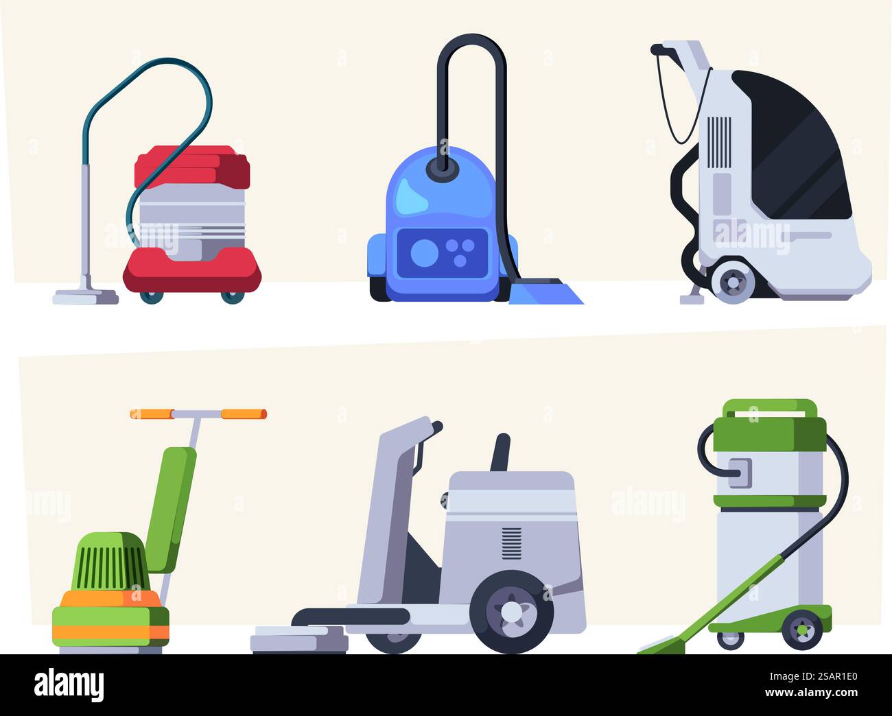 EQUIPEMENT de nettoyage. Nettoyeurs commerciaux avec des outils professionnels aspirateur balais des illustrations vectorielles criantes dans un style plat. Collecte d'équipements plus propres pour les travaux ménagers. EQUIPEMENT de nettoyage. Nettoyeurs commerciaux avec des outils professionnels aspirateur balais des illustrations vectorielles criantes dans un style plat Illustration de Vecteur
