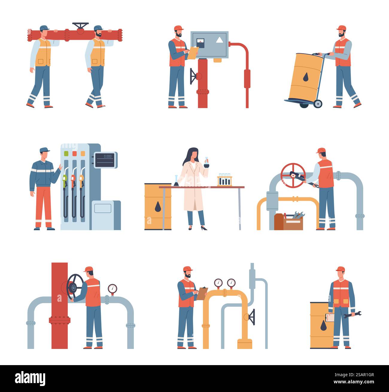 Travailleurs de l'industrie pétrolière. Personnages de travailleurs du gaz et du pétrole. Ingénieurs professionnels en uniforme, employé chimique, entretien de pipeline, inspection technique, ensemble isolé de style plat de dessin animé vectoriel. Travailleurs de l'industrie pétrolière. Personnages de travailleurs du gaz et du pétrole. Ingénieurs professionnels en uniforme, employé chimique, entretien de pipeline, inspection technique, ensemble isolé de vecteur Illustration de Vecteur