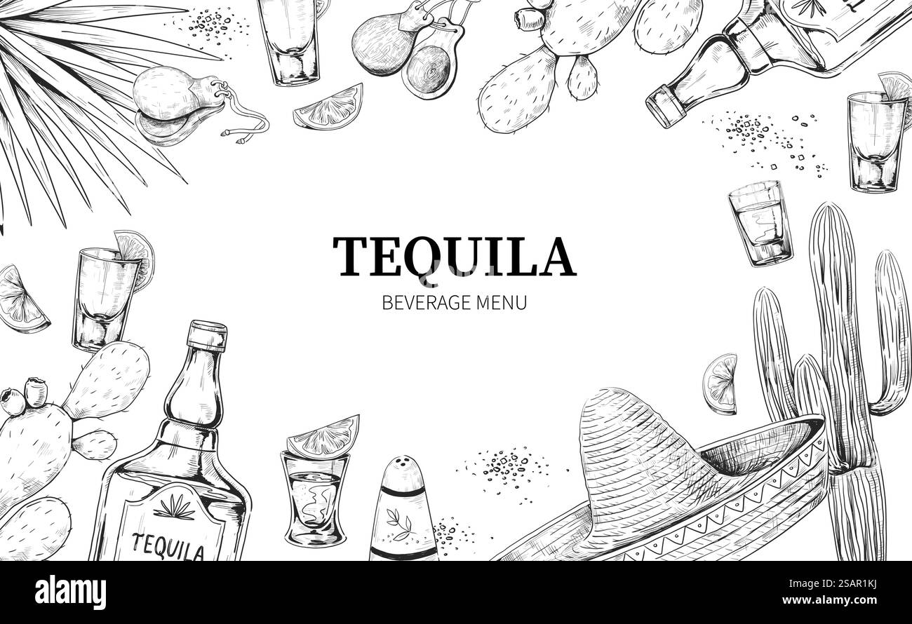 Menu tequila. Cadre dessiné à la main de boisson alcoolisée mexicaine en bouteille et verre à grenaille avec citron et sel. Gravure de cactus et d'agave. Castanets latins traditionnels et sombrero. Esquisse de bordure vectorielle. Menu tequila. Cadre dessiné à la main de boisson alcoolisée mexicaine en bouteille et verre à grenaille avec citron et sel. Gravure de cactus et d'agaves. Castanets traditionnels et sombrero. Esquisse de bordure vectorielle Illustration de Vecteur