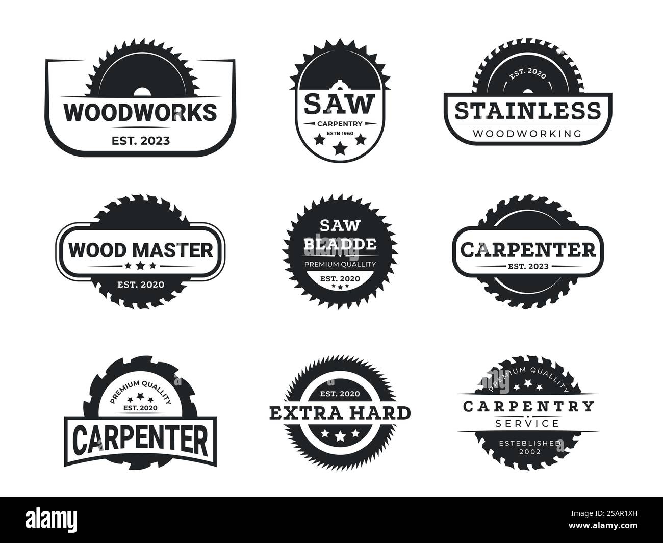Logo de menuiserie de scie circulaire. Silhouettes de lame de scie industrielle pour la conception de logo, le service professionnel de menuiserie et le symbole d'équipement en bois de coupe. Vecteur isolé. Illustration du logo de boiserie de l'industrie. Logo de menuiserie de scie circulaire. Silhouettes de lame de scie industrielle pour la conception de logo, le service professionnel de menuiserie et les symboles d'équipement en bois de coupe. Vecteur isolé Illustration de Vecteur
