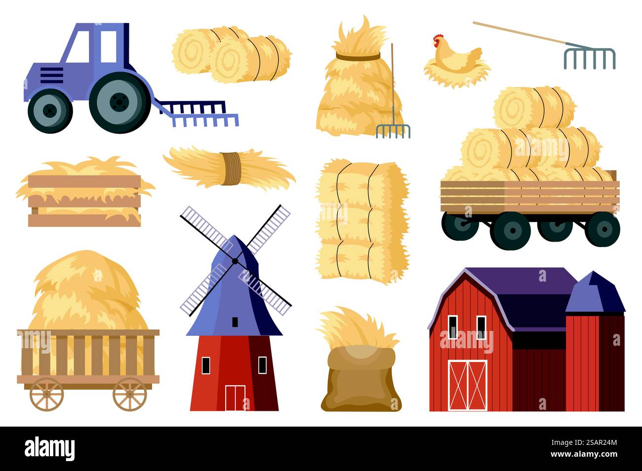 Balles de foin à la ferme méga-ensemble d'éléments dans la conception plate. Paquet de tracteur, grange, moulin à vent, brouettes et caisse, paille en rouleaux, tas et piles de foin. Illustration vectorielle d'objets graphiques isolés Illustration de Vecteur