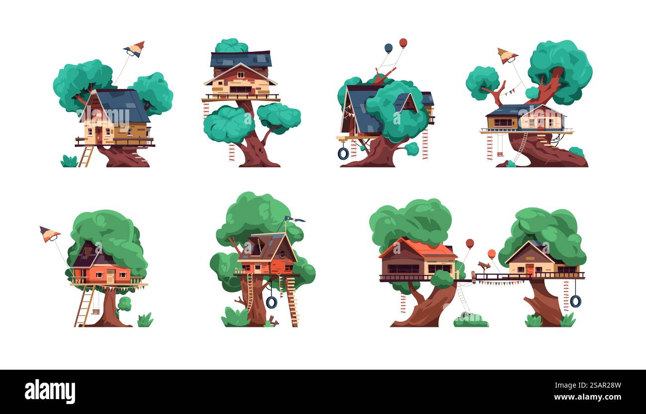 Cabane dans l'arbre. Dessin animé jouant des bâtiments en bois pour les enfants avec des portes fenêtres et des toits. Maison mignonne sur des branches avec des échelles et des ponts. Ballons volants et cerf-volant. Ensemble de terrain de jeux pour enfants isolés de vecteur. Cabane dans l'arbre. Dessins animés bâtiments en bois pour les enfants avec portes fenêtres et toits. Accueil sur des branches avec des échelles et des ponts. Ballons volants et cerf-volant. Ensemble de terrain de jeux pour enfants isolés de vecteur Illustration de Vecteur