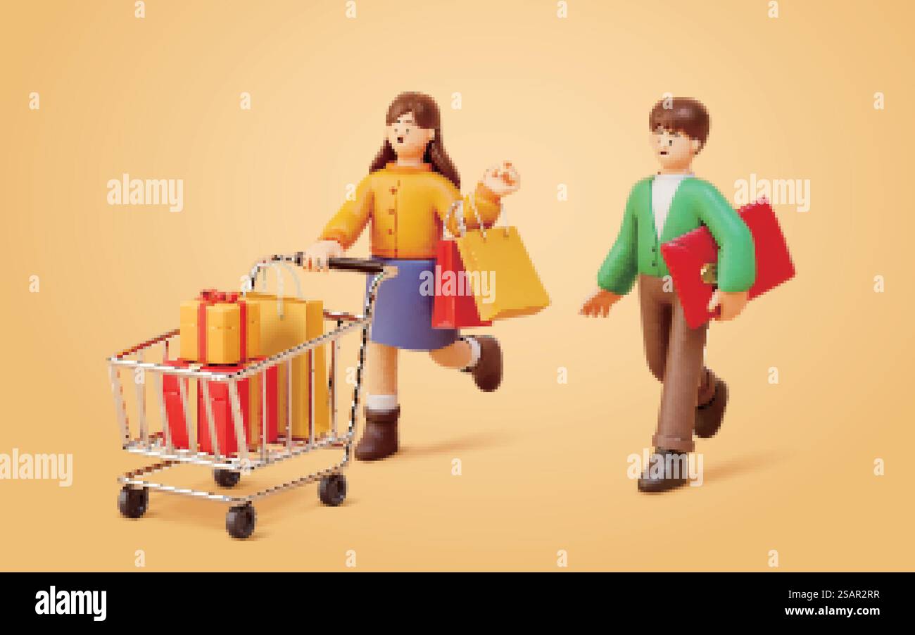 conception de personnages de personnes de dessin animé 3d. Jeune couple magasinant ensemble et achetant beaucoup de cadeaux. Fond jaune clair isolé. conception de personnage 3d pour le shopping Illustration de Vecteur conception de personnages de personnes de dessin animé 3d. Jeune couple magasinant ensemble et achetant beaucoup de cadeaux. Fond jaune clair isolé. conception de personnage 3d pour le shopping Illustration de Vecteur