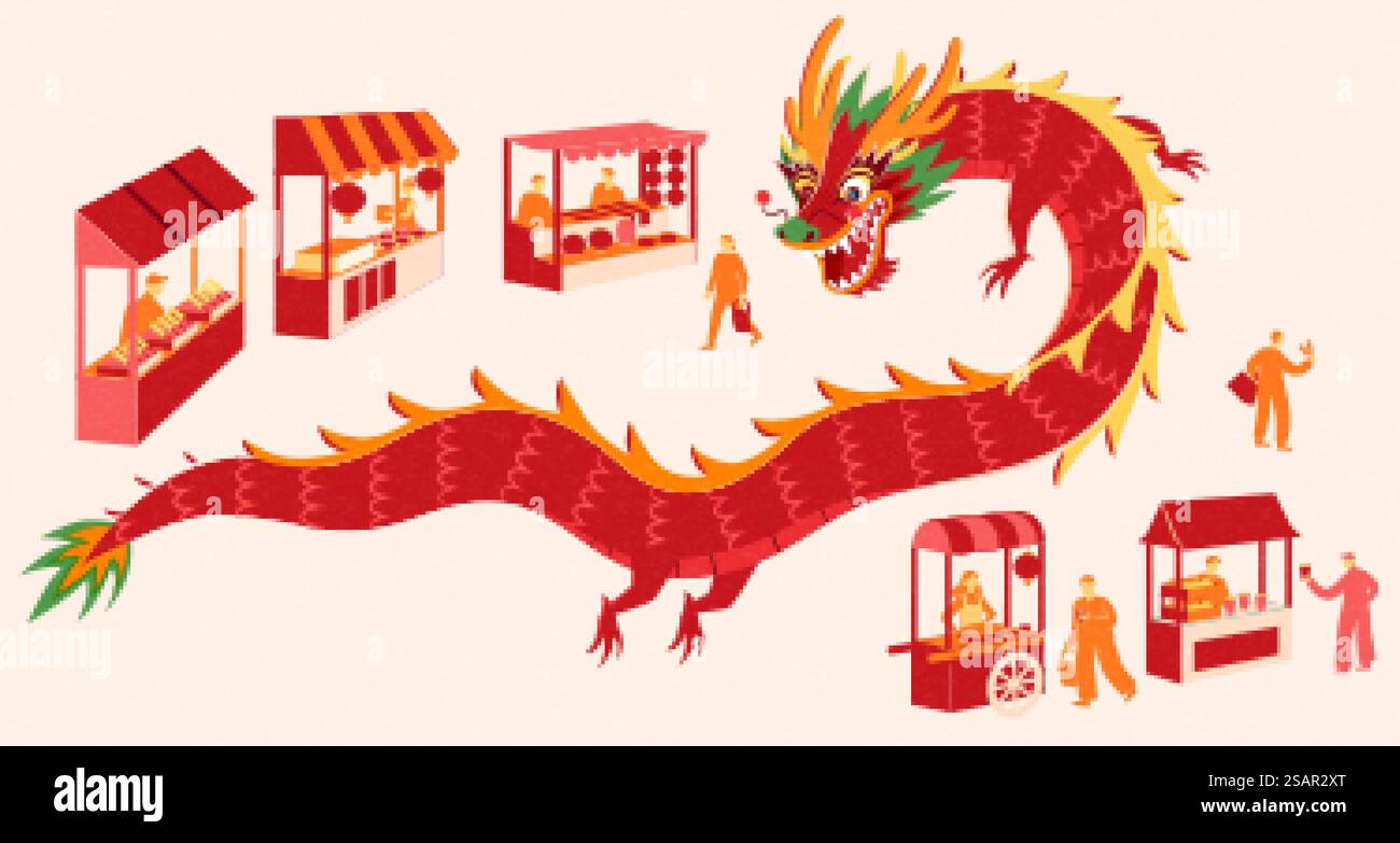 Ensemble dragon chinois et stands de nourriture Illustration de Vecteur