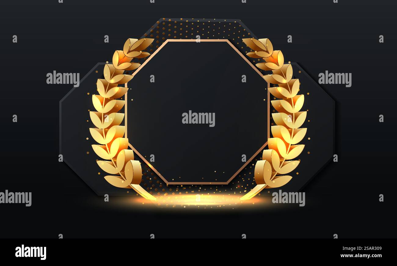 Couronne hexagonale dorée et Laurier avec effet de lumière Illustration de Vecteur