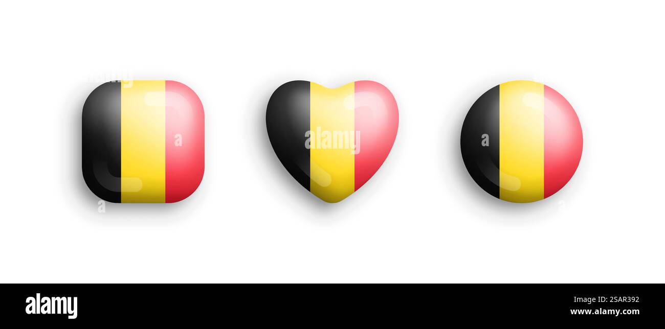 Drapeau national officiel de la Belgique icônes brillantes vectorielles 3D en forme de carré arrondi, de coeur et de cercle isolent sur blanc. Signes et symboles belges éléments de conception graphique Collection de boutons volumétriques. Belgique drapeau national officiel 3D vecteur brillant icônes isolent sur le dos blanc Illustration de Vecteur