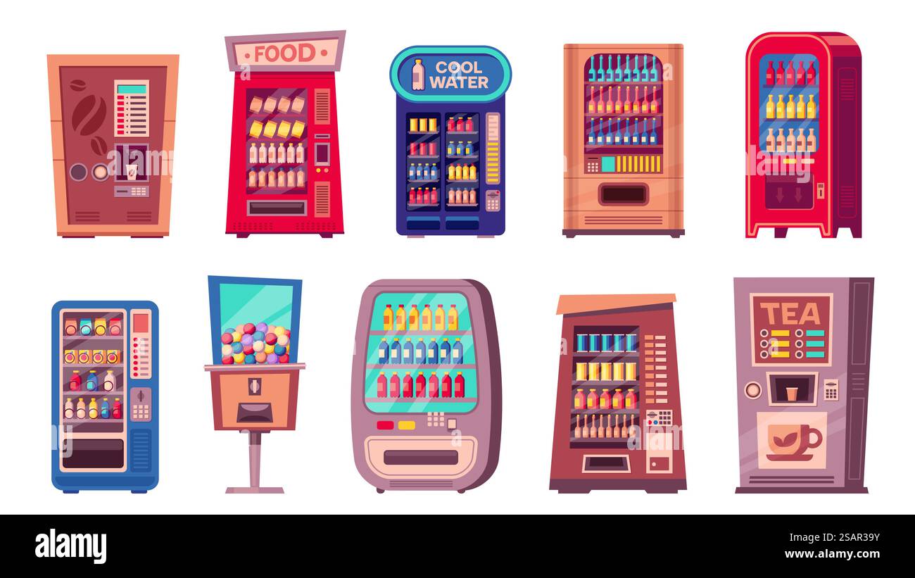 Machine à encas. Distributeur automatique de dessins animés avec bonbons, soda et café, distributeur automatique de dessins animés avec des collations à vendre. Ensemble distributeur automatique vectoriel. Assortiment de collations et de boissons, service de vente. Machine à encas. Distributeur automatique de dessins animés avec bonbons, soda et café, distributeur automatique de dessins animés avec des collations à vendre. Ensemble distributeur automatique vectoriel Illustration de Vecteur