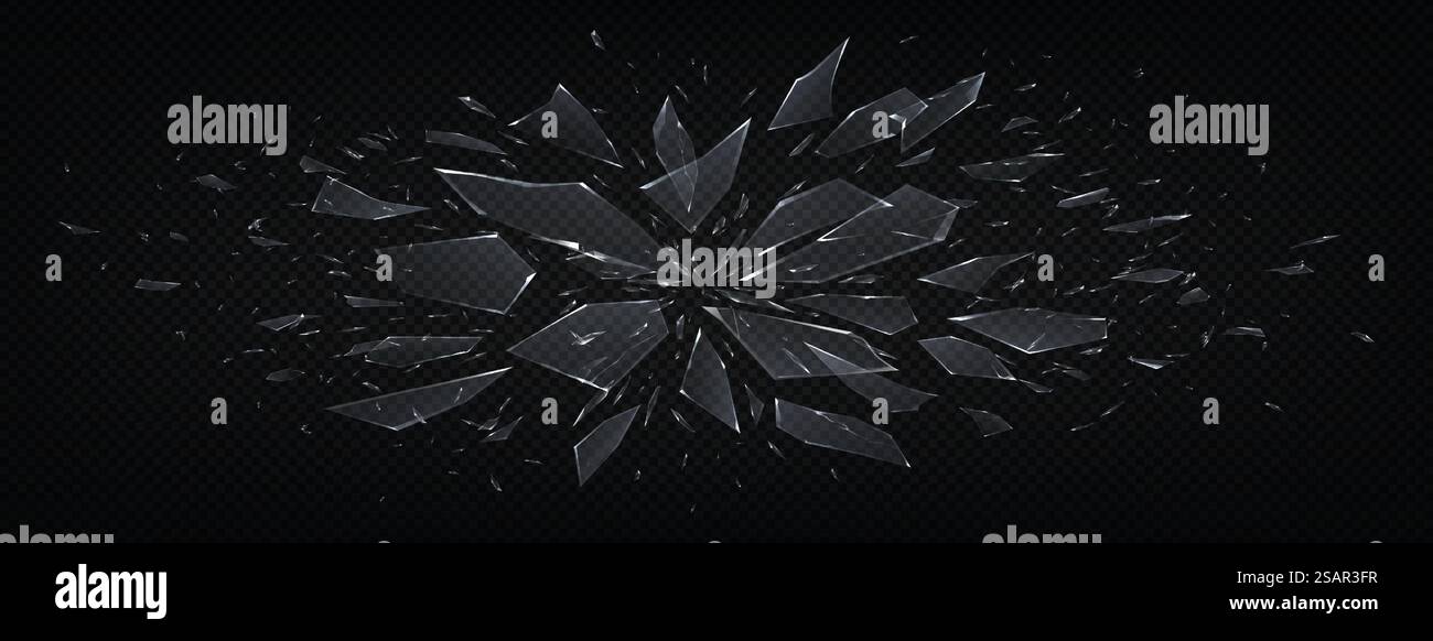 Verre brisé. Fragments transparents éclatés abstraits réalistes de verre écrasé, effet explosion 3D avec des pièces brillantes réalistes isolées sur noir. Abstrait faisant exploser le vecteur de fond horizontal. Verre brisé. Fragments transparents éclatés abstraits réalistes de verre écrasé, effet explosion 3D avec des pièces brillantes réalistes isolées sur noir. Arrière-plan horizontal vectoriel Illustration de Vecteur