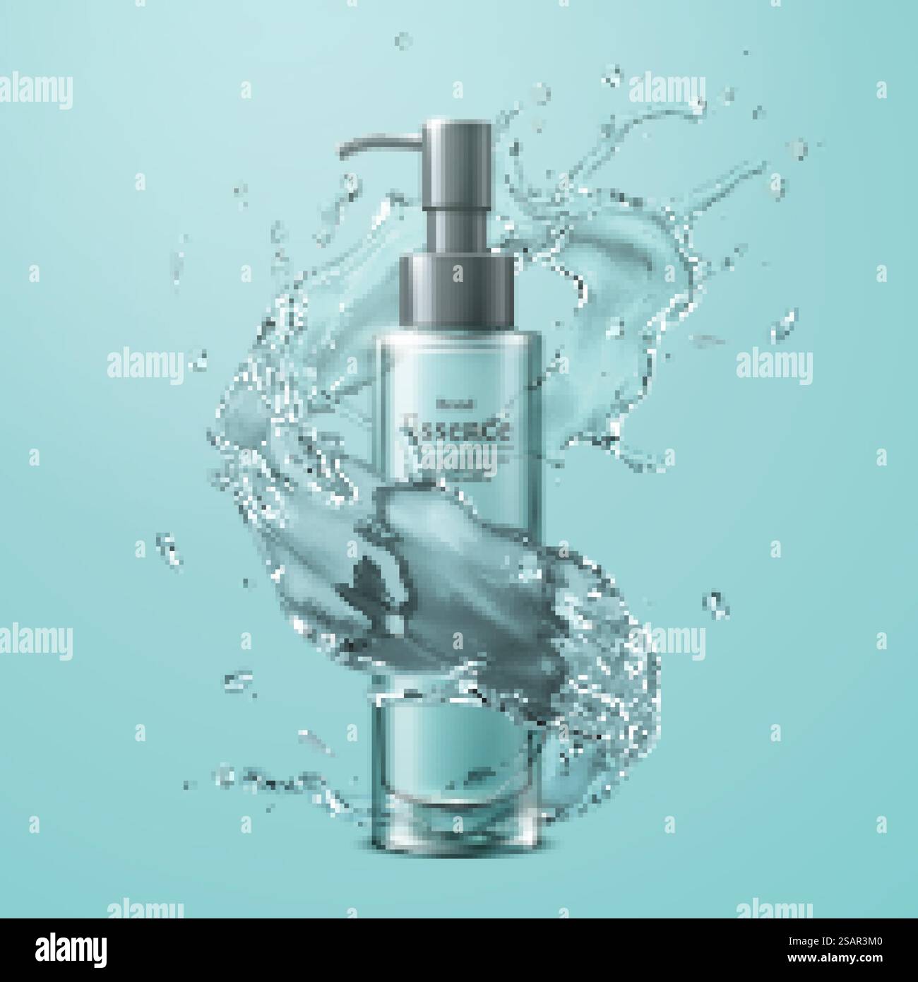 Bouteille de pompe essence avec effet d'éclaboussures d'eau sur fond turquoise dans l'illustration 3D. Flacon pompe essence avec éclaboussures Illustration de Vecteur