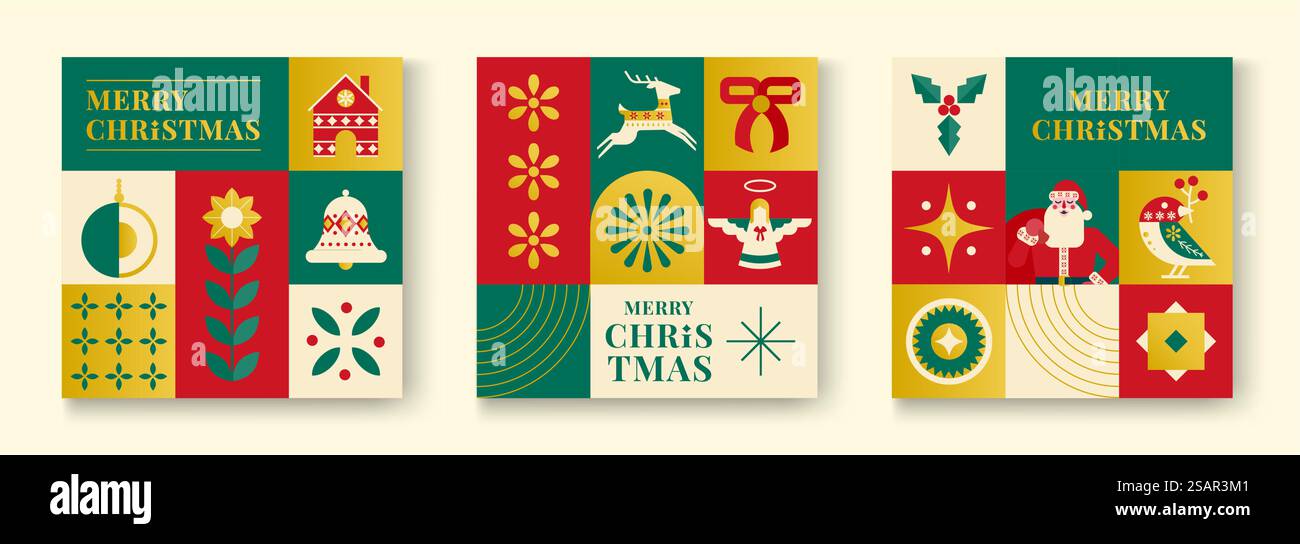 Ensemble de fond de Noël simple, style minimaliste géométrique élégant. Joyeux Noël et bonne bannière du nouvel an. Flocons de neige, décorations et éléments arbres de Noël. Design rétro Clean Illustration de Vecteur