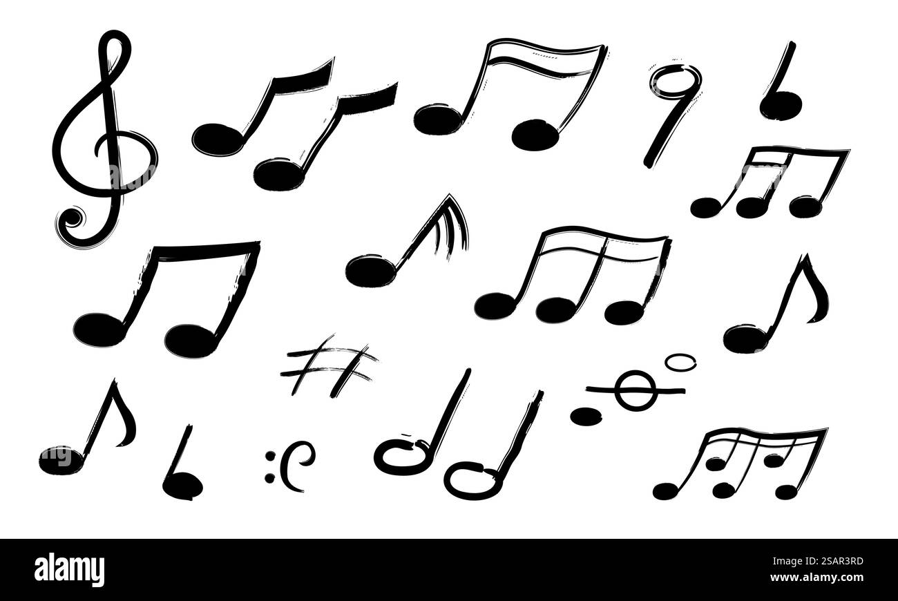 Notes de musique. Symboles sonores dessinés à la main. Enregistrement mélodique. Collection de signes musicaux isolés. Icônes noires décoratives de contour pour les musiciens. Modèles d'encre abstraits, ensemble plat minimaliste vectoriel. Notes de musique. Symboles sonores dessinés à la main. Enregistrement mélodique. Collection de signes musicaux isolés. Icônes décoratives de contour pour les musiciens. Modèles d'encre abstraits, ensemble minimaliste vectoriel Illustration de Vecteur
