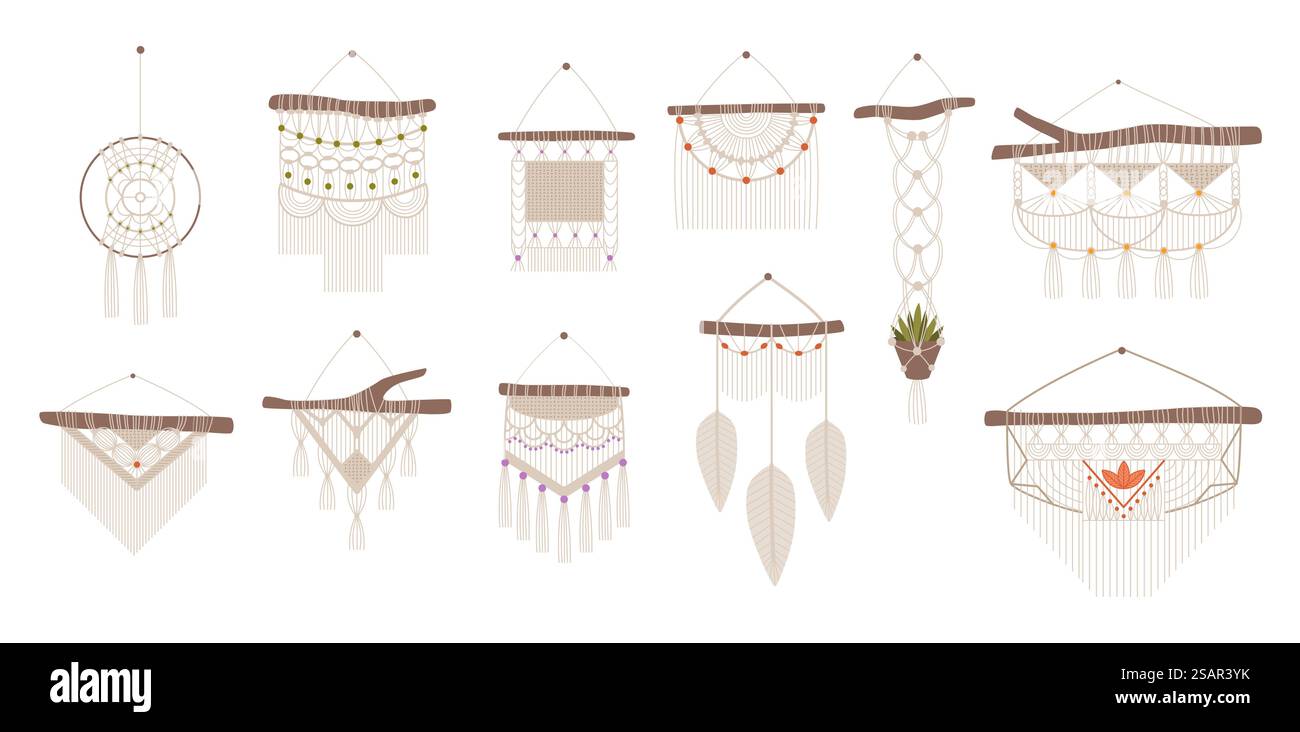 Macramé artisanal. Décoration intérieure bohémienne suspendue à la main. Ensemble d'éléments décoratifs ethniques tissés scandinaves. Bâtons en bois isolés avec cordes entrelacées et pompons. Engin hygge vectoriel. Macramé artisanal. Décorations suspendues intérieures bohèmes faites à la main. Ensemble d'éléments décoratifs ethniques tissés scandinaves. Bâtons en bois avec cordes entrelacées et pompons. Engin hygge vectoriel Illustration de Vecteur