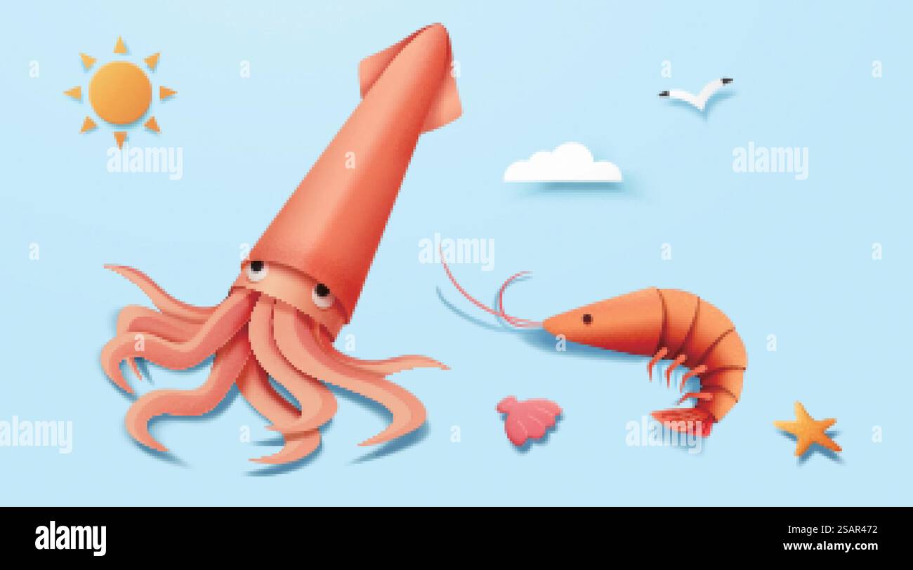 Calmar et crevettes à la plage éléments Illustration de Vecteur