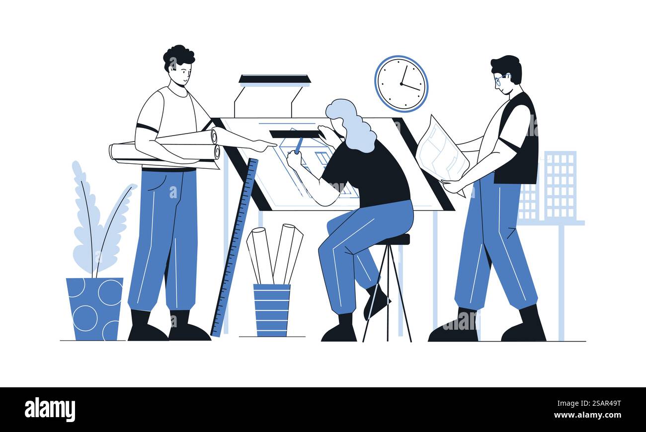 Travail d'architecte. Ingénieurs de construction travaillant en groupe sur le projet de construction résidentielle. Femme de dessin animé rédigeant un plan, les hommes discutant du plan architectural. Vector travail d'équipe de constructeurs professionnels. Travail d'architecte. Ingénieurs en construction travaillant sur un projet de construction résidentielle. femme rédigeant un plan, hommes discutant d'un plan architectural. Vector travail d'équipe de constructeurs professionnels Illustration de Vecteur