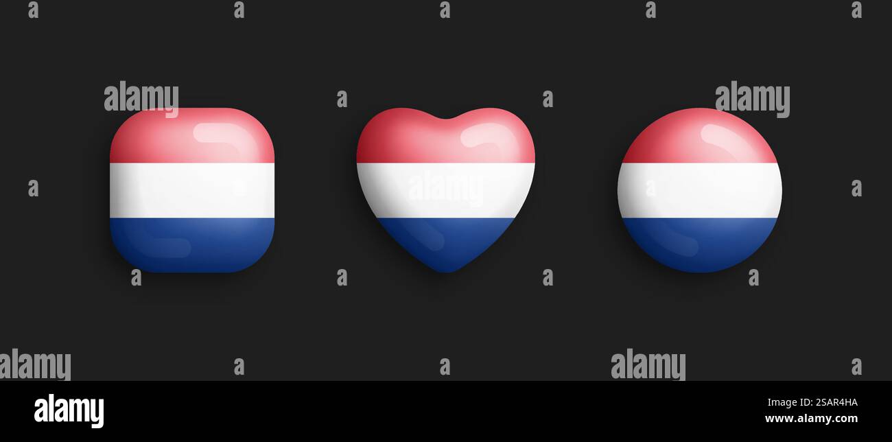 Drapeau national officiel des pays-Bas icônes brillantes vectorielles 3D en carré arrondi, coeur et cercle forme isoler sur fond. Signe néerlandais et symboles éléments de conception graphique Collection de boutons volumétriques. Drapeau national officiel des pays-Bas vecteur 3D icônes brillantes isolé sur fond Illustration de Vecteur
