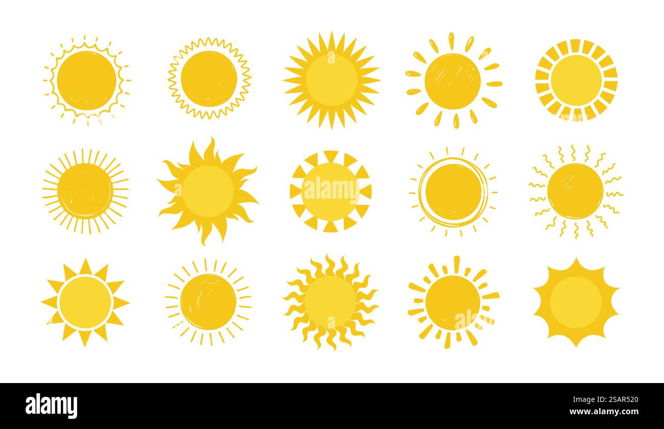 Doodle Sun. Collection d'éléments solaires de cercle graphique simple dessinée à la main, symboles ronds de soleil. Silhouette jaune pour la conception et le logo, symbole de temps ensoleillé vecteur isolé sur fond blanc. Doodle Sun. Collection d'éléments solaires de cercle graphique simple dessinée à la main, symboles ronds de soleil. Silhouette jaune pour la conception et le logo, ensemble isolé de symbole météo ensoleillé vecteur Illustration de Vecteur