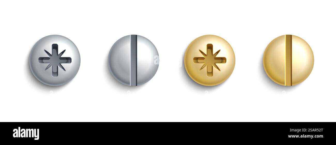 Tête de vis métallique. Capuchons de boulon réalistes avec ligne ou sculpture croisée. Modèle matériel isolé. Fixations en argent et bronze. Construire ou réparer des outils. Rivet brillant de construction. Ensemble de boutons métalliques vectoriels. Tête de vis métallique. Boulons réalistes avec ligne ou sculpture en croix. Modèle matériel isolé. Fixations en argent et bronze. Construire ou réparer des outils. Rivet de construction. Ensemble de boutons métalliques vectoriels Illustration de Vecteur