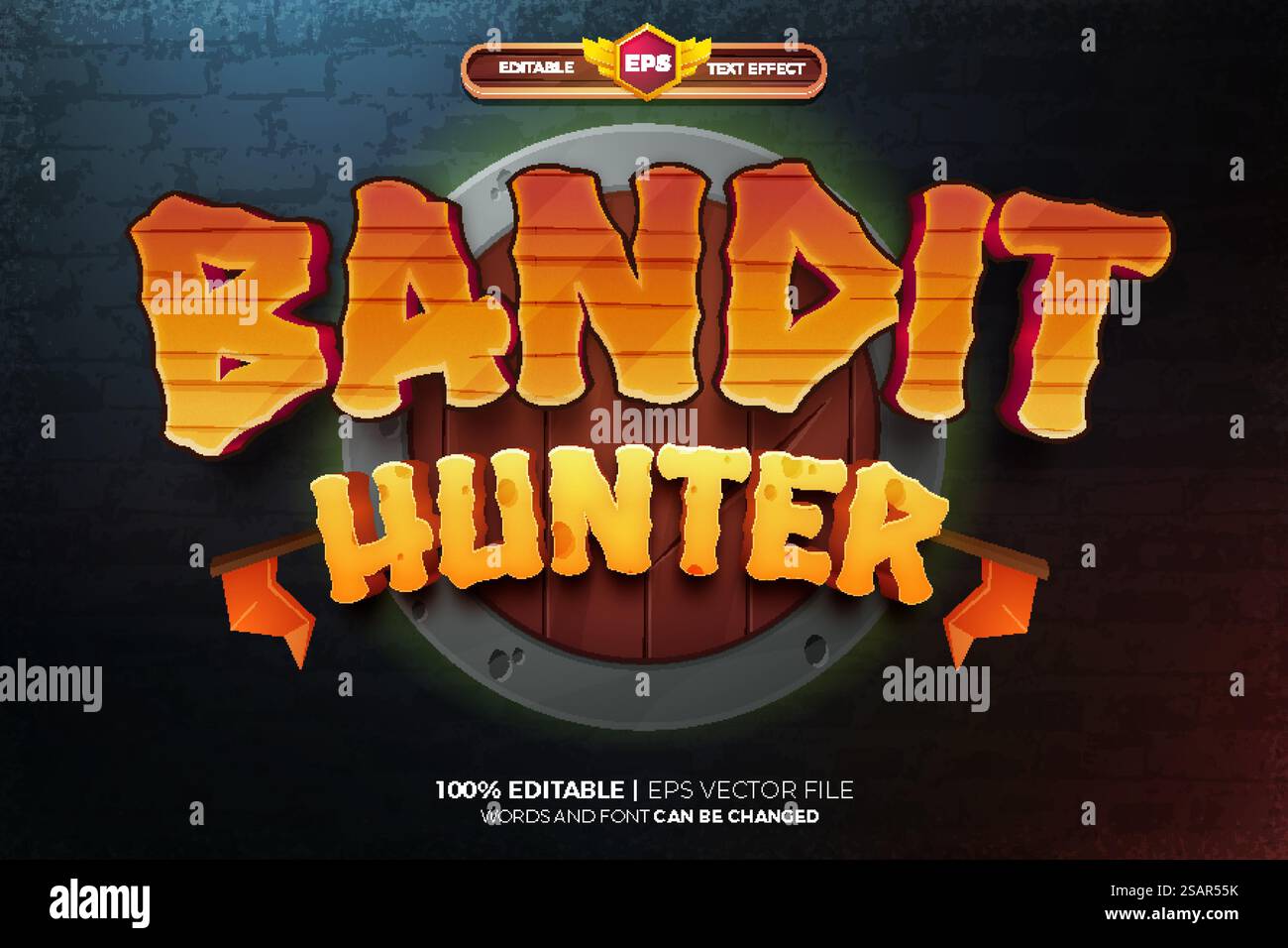 Modèle de logo de jeu Bandit Hunter Adventure 3D Text Effect Illustration de Vecteur