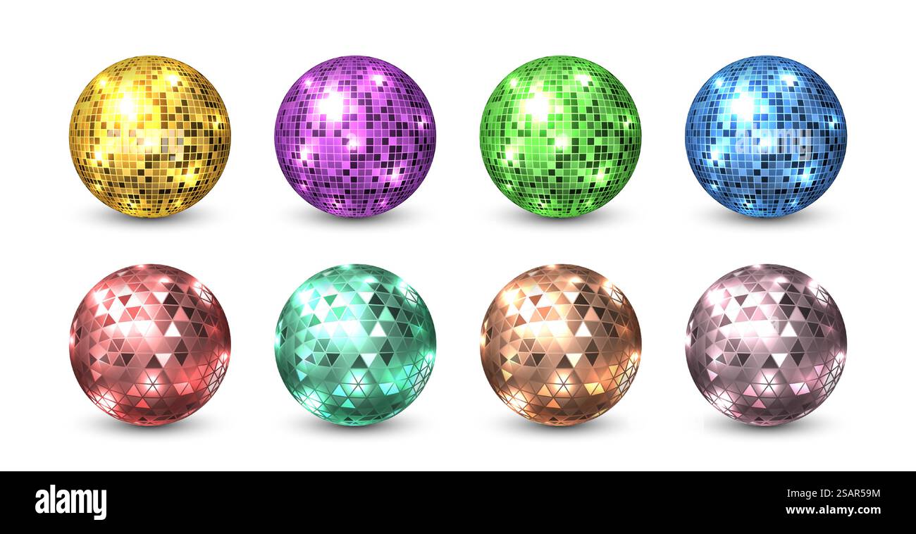 Boules disco. Discoballs scintillants de boîte de nuit. EQUIPEMENT brillant isolé pour soirée dansante. Sphère incandescente de morceaux carrés et triangulaires de miroirs colorés. Les cercles chatoyants réfléchissent la lumière, ensemble vectoriel. Boules disco. Discoballs scintillants de boîte de nuit. EQUIPEMENT brillant pour fête de danse. Sphère de morceaux carrés et triangulaires de miroirs colorés. Les cercles chatoyants réfléchissent la lumière, ensemble vectoriel Illustration de Vecteur