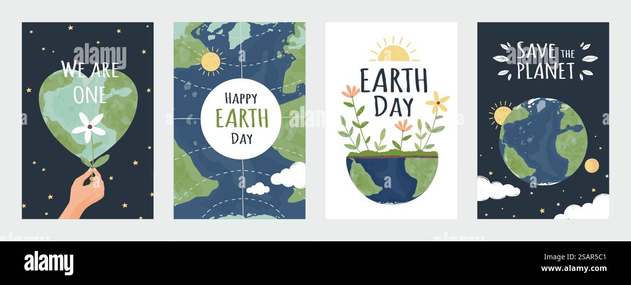 Affiches du jour de la Terre. Enregistrer le concept d'environnement. Cartes de vacances de protection écologie et nature. Planète dessinée à la main dans l'espace étoilé. Carte de dessin animé avec des continents verts et des plantes en croissance. Jeu de bannières vectorielles. Affiches du jour de la Terre. Enregistrer le concept d'environnement. Vacances de protection écologie et nature. Planète dessinée à la main dans l'espace. Carte de dessin animé avec des continents verts et des plantes en croissance. Jeu de bannières vectorielles Illustration de Vecteur
