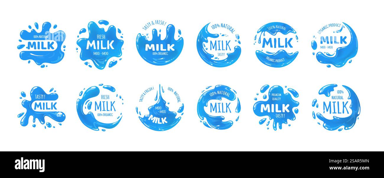 Logo Milk Splash. Badges de marque de produits laitiers. Autocollants de boisson naturels avec des gouttes et des blobs. Image de marque d'aliments sains. Ensemble d'étiquettes isolé de boissons fraîches et savoureuses. Flux bleus vectoriels et lettrage blanc. Logo Milk Splash. Badges de marque de produits laitiers. Autocollants de boisson naturelle avec gouttes. Image de marque d'aliments sains. Étiquetez les boissons fraîches et savoureuses. Flux bleus vectoriels et lettrage blanc Illustration de Vecteur