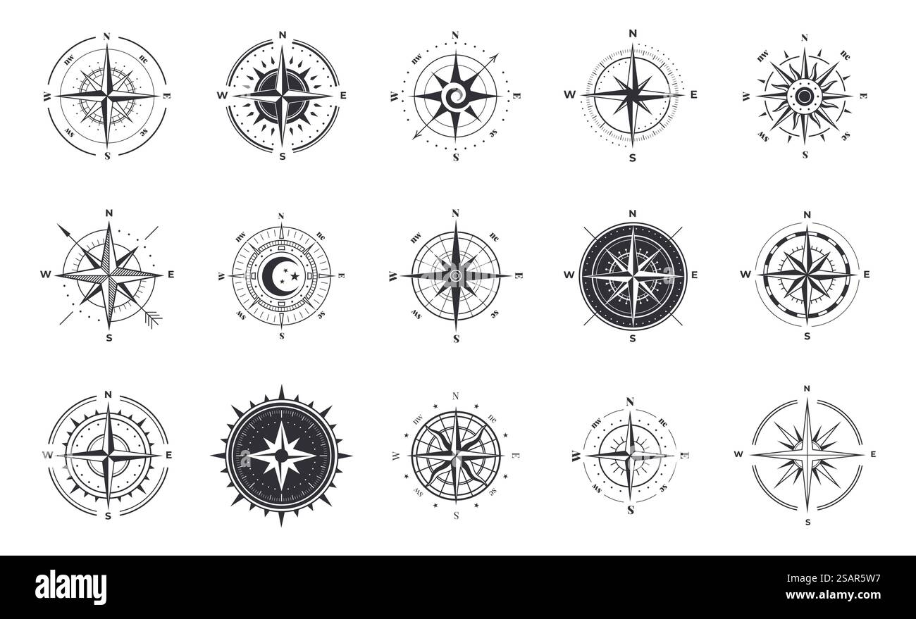 Rose des vents. Panneaux de boussole. Instruments nautiques pour l'orientation nord. Symboles cartographiques de contour noir et blanc. Silhouettes de matériel de navigation rétro. Icônes de carte ronde vectorielle avec des flèches. Rose des vents. Panneaux de boussole. Instruments nautiques pour l'orientation nord. Symboles cartographiques de contour noir et blanc. Silhouettes de matériel de navigation. Icônes de carte vectorielle avec des flèches Illustration de Vecteur