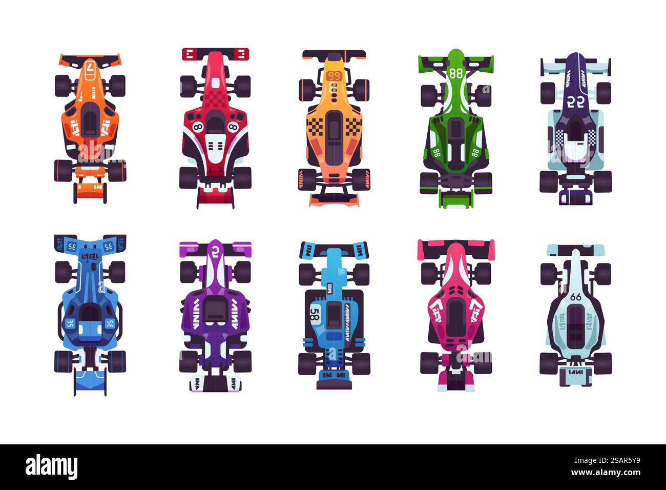 Voitures de course de dessins animés. Machines rapides colorées pour les championnats de course sportive. Vue de dessus de jouets automobiles enfantins isolés. Début de compétition pour la conduite de véhicules à grande vitesse. Ensemble de transport lumineux vectoriel. Voitures de course de dessins animés. Machines rapides colorées pour les championnats de course sportive. Vue de dessus de jouets automobiles isolés. Début de compétition pour la conduite de véhicules à grande vitesse. Ensemble de transport vectoriel Illustration de Vecteur