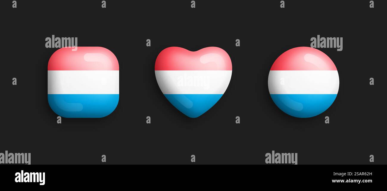 Luxembourg drapeau national officiel 3D vecteur brillant icônes en coeur carré arrondi et forme de cercle isoler sur noir. Collection luxembourgeoise de boutons volumétriques d'éléments de conception graphique de signe et symbole. Luxembourg drapeau national officiel 3D vecteur brillant icônes isolé sur fond Illustration de Vecteur