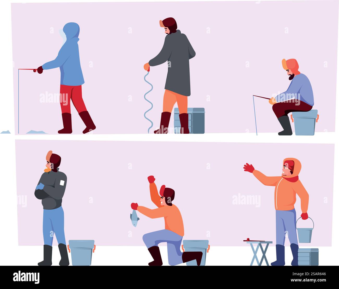 Pêche congelée. Personnages d'hiver assis et pêche saisonnière extrême sur le lac dans les vêtements chauds Garish vecteur activités de plein air. Illustration de la pêche hivernale et passe-temps de pêcheur. Pêche congelée. Personnages d'hiver assis et pêche saisonnière extrême sur le lac dans les vêtements chauds Garish vecteur activités de plein air Illustration de Vecteur