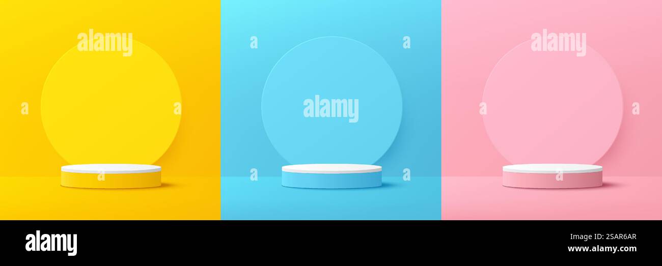 Ensemble de podium de piédestal 3d cylindrique réaliste jaune, bleu, rose, blanc avec fond de cercle pastel. Plate-forme géométrique de rendu vectoriel abstrait. Présentation du produit. Scène murale minimale. Illustration de Vecteur